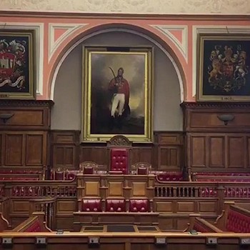 a view of the courtroom within the Carmarthen Guildhall