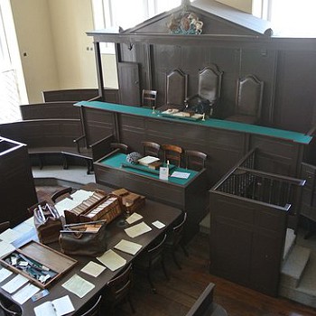 Overview of a courtroom within the Monmouth Shire Hall