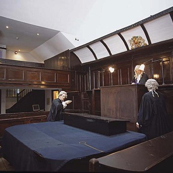 a re-creating of a court session in a old courthouse